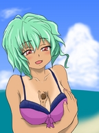 drawing gentle color swimsuit beach cleavage ocean anime green_hair shrunken_man looking_down clouds sky reaching_up loving between_breasts