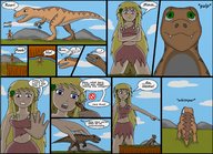 drawing gentle giantess blonde comic color long_hair blue_eyes handheld dinosaur hanachronicler