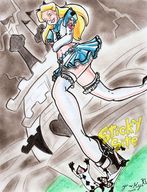drawing giantess blonde color clothed high_heels stockings smiling dress foot_crush belly short_skirt alice_in_wonderland hair_bow card_soldiers