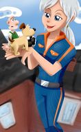 breasts drawing giantess white_hair mega dog color blue_eyes crossover handheld buildings susan smiling ponytail ginormica short_hair cartoon clouds houses monsters_vs_aliens belt jumpsuit looking_at_tiny susan_murphy dreamworks wallace_and_gromit
