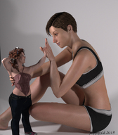 gentle panties clothed bra jeans short_hair mini_giantess sitting standing curly_hair looking_at_tiny digital_render hands_touching penman