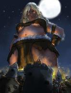 breasts drawing giantess mega color castle low_angle moon battle looking_down night sky point_of_view stars hands_on_hips bluerune93 rune93