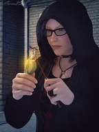 glasses domination hand fire shrunken_man cruel sorenzer0 looking_at_tiny lighter digital_render flame studies-in-pyromancy