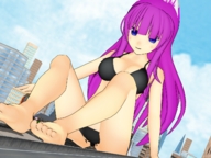 giantess city long_hair swimsuit blue_eyes barefoot cleavage purple_hair sitting looking_down between_toes looking_at_tiny digital_render lagialugia