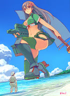 breasts drawing gentle giantess panties color long_hair beach skirt ocean seo_tatsuya brunette underwear pantyshot brown_eyes ponytail kneeling thighs flower staff thighhighs point_of_view military_uniform looking_away perspective miniskirt mole kantai_collection hair_ornament short_sleeves crop_top amagi_(kantai_collection) warship_girl