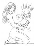 drawing nipples monochrome long_hair penis high_heels glasses huge_breasts kneeling muscles shrunken_man no_background