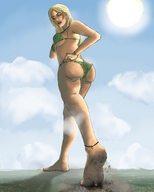 drawing giantess giga city blonde color swimsuit destruction barefoot sun foot_crush walking looking_down clouds bluerune93