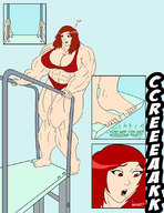 drawing growth giantess manga color large_breasts swimsuit cleavage muscles dagwam