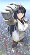giantess city mega black_hair destruction blue_eyes cleavage gloves boots uniform airplane foot_print finger_crush between_fingers senran_kagura ikaruga digital_render na