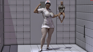 handheld stockings nurse shrunken_man indoors restrained looking_at_viewer drcreep digital_render padded_cel