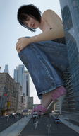 giantess city black_hair high_heels jeans looking_down vehicles crowds vehicle_crush sitting_on_building tiny_mk digital_render g-alicia