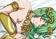 drawing giantess sleeping color cleavage goddess green_hair lying_down jewelry closed_eyes etz pit palutena kid_icarus on_breasts