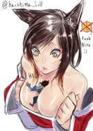 breasts drawing giantess black_hair color yellow_eyes looking_down trapped fox_girl lol league_of_legends ahri yasuo haishima0120 between_breasts