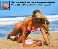 crush collage beach cleavage ocean domination shrunken_man waves sand underneath dialogue squeezemeflat small_image looking_at_tiny