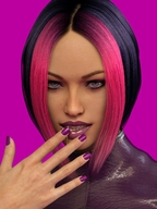 blue_eyes mouth teeth pink_hair hand face shrunken_man mr_luigi manicure karen imminent_vore digital_render