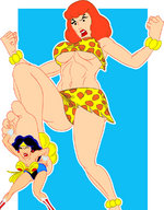 breasts drawing giantess mega upskirt black_hair color clothed toes barefoot bra angry giganta red_hair boots underboob foot_crush muscles abs fist costume wonder_woman leotard tiara lasso leopard_print dc_comics loincloth