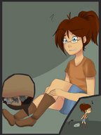 drawing white_hair color glasses green_eyes brunette in_shoe boots foot_crush unaware shrunken_man under_foot anirusfere mrsrinrini