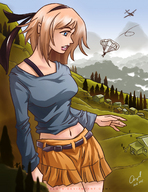 drawing giantess blonde color blue_eyes clothed navel airplane short_skirt onlookers parachute hillside angelgts