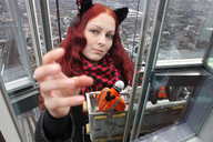 giantess collage city buildings cat_ears red_hair hand reaching marcrtr looking_at_tiny construction_workers amarie-tinuviel