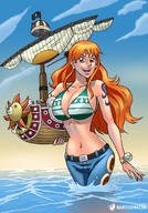 drawing giantess color nami one_piece cleavage ocean sky ships giantessfan sample_image wading