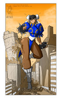 breasts drawing giantess city mega black_hair color destruction asian street dress boots street_fighter vehicles thighs chun-li leaning_on_building debris jollyjack