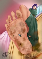 drawing color blue_eyes barefoot purple_hair low_angle foot_crush dragon_ball unaware shrunken_man dirty_soles commission dirt stuck_to_foot mai viruslex pilaf thefishhammer1