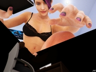 finger purple_hair hand looming reaching shrunken_man manicure looking_at_tiny digital_render jamesmason0 lexithegiantess checking-on-progress lifting_roof hair_streak