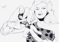 drawing giantess mega monochrome handheld cleavage smiling marcos_snowbell giganta boots costume wonder_woman pain leotard tiara leopard_print yelling dc_comics anal_fingering
