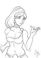 breasts drawing gentle giantess monochrome long_hair tongue clothed handheld cleavage bra giganta ponytail navel no_background sarong dc_comics djinn