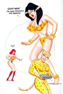 breasts drawing nipples giantess tail mega black_hair color large_breasts swimsuit blue_eyes clothed barefoot cleavage bra high_heels green_eyes cheetah giganta red_hair boots navel thighs costume wonder_woman swap leotard bracelet dialogue tiara joe_gravel lasso leopard_print no_background dc_comics watercolor loincloth