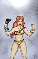 breasts drawing giantess panties mega color long_hair handheld bra green_eyes giganta red_hair hand_crush fist freckles tanker_truck leopard_print dc_comics loincloth zlayerone