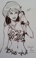 breasts drawing giantess mega monochrome clothed handheld cleavage bra skirt giganta navel screaming necklace victim leopard_print sarong looking_at_tiny dc_comics