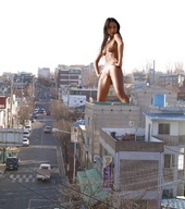 breasts nipples giantess nude pussy city black_hair long_hair buildings walking vehicles looking_at_viewer hands_on_hips sunlight digital_render