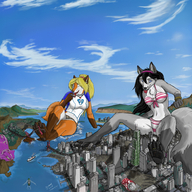bikini drawing giantess feet furry tail anthro city mega blonde black_hair color large_breasts long_hair tongue swimsuit bridge destruction blue_eyes clothed toes barefoot water buildings soles paws ponytail sitting can piercings looking_down mountains giantesses vehicles thighs flip_flops jewelry fox_girl necklace ships earrings bikini_bottom yellow07 bracelet striped_panties paw_pads winking bare_legs bare_midriff discarded_footwear scream_(artist) sticking_out_tongue chest_tuft ali