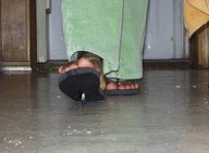 collage feet sandals walking shrunken_man floor raised_foot imminent_crush