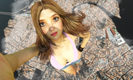 giantess city mega handheld cleavage brunette hand point_of_view looking_at_viewer mike973 digital_render