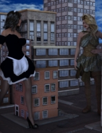 breasts giantess city mega blonde buildings brunette giantesses streets maid_uniform sky digital_render ladyannabellrose
