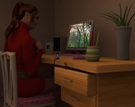 red_hair dress shrunken_woman desk computer desktop digital_render ladyannabellrose