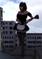 giantess buildings nylons maid_uniform outdoors sky digital_render ladyannabellrose