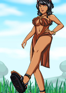 drawing crush horns black_hair color blood yellow_eyes smiling dress shrunken_men navel underboob foot_crush hand grass open_mouth earrings etz looking_at_tiny sandal_crush yellow_nails