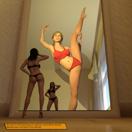 gentle panties blonde black_hair barefoot cleavage bra story shrunken_woman digital_render openhighhat