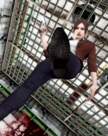 gun shoes blood brunette looking_down claire_redfield resident_evil point_of_view looking_at_viewer raised_foot digital_render regts92