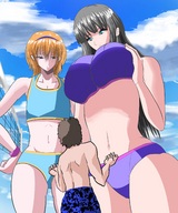 drawing blonde color swimsuit blue_eyes clothed anime brunette shrunken_man looking_down women sky swim_trunks volleyball_net soryuu