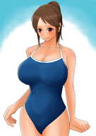 drawing color swimsuit cleavage anime huge_breasts brunette shrunken_people entrapment no_background オレンジ