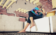 crush blonde barefoot glasses blood sitting foot_crush shrunken_man under_foot floor sofa reading sorenzer0 digital_render