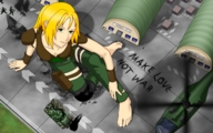drawing gentle giantess feet color destruction barefoot cleavage helicopter green_eyes military tank yellow_hair aerial_view looking_at_viewer above_view xxamaroqxx barracks military_outfit