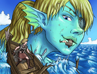 drawing giantess vore blonde color blue_eyes ocean mermaid felarya blue_skin boats fish looking_at_tiny eyepatch string-fountain tanoshiiatsu gify zelkova