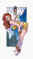 breasts drawing giantess mega color clothed barefoot cleavage giganta red_hair hand bending_over standing clouds costume wonder_woman looking_at_viewer leotard lasso leopard_print dc_comics compos leashed