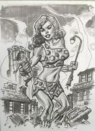 breasts drawing giantess city mega monochrome destruction handheld cleavage bra skirt buildings giganta vehicles wonder_woman leopard_print lamppost dc_comics loincloth