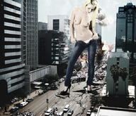 breasts nipples giantess collage city blonde destruction high_heels jeans topless navel looking_down standing streets